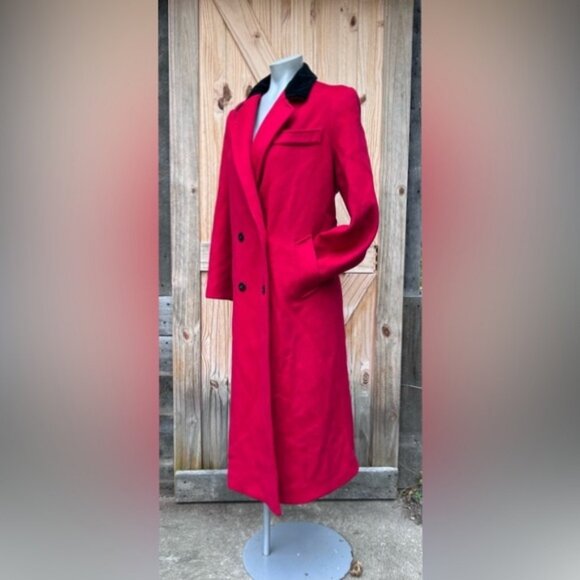 Vintage Alorna Long Red Wool Black Velvet Collar Double Breasted Maxi Coat~M~ - Picture 3 of 8